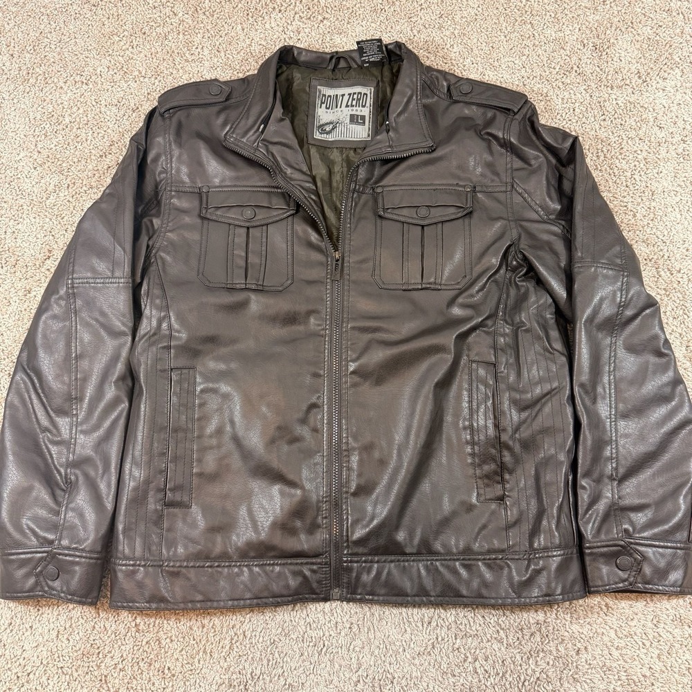 Point Zero Brown Faux Leather Moto Utility‎ Jacket Mens Large Y2K EUC
